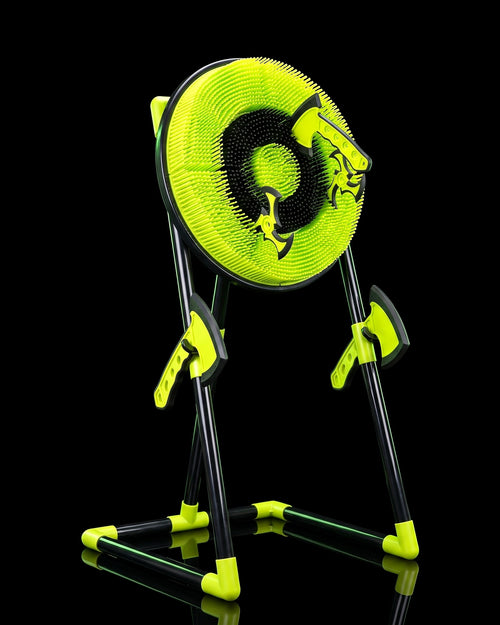 NinjaStrike bristle target on its stand with axes and ninja stars