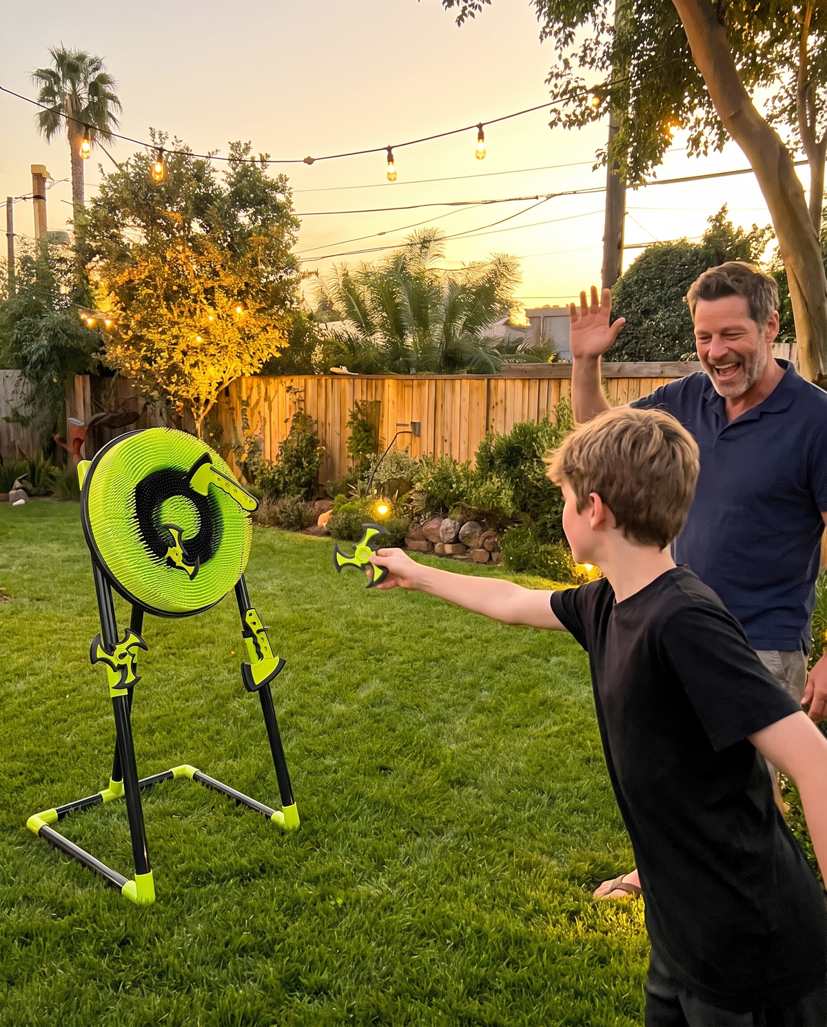 Dad and son playing NinjaStrike in the garden at dusk